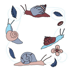 Set of colored snails in sketch style, leaves, flower, acorn decor. Vector illustration hand-drawing for banner design, packaging, print, textile.