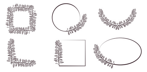 Set of flourish frame, corner borders. Frames, corners are hand-drawn, decorated with twigs, leaves in style of doodle. Vector illustration for design.