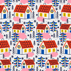 Seamless pattern with houses and christmas trees. Great for fabric, textile, wrapping paper. Vector Illustration