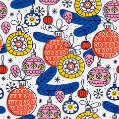 Vector christmas seamless pattern with Christmas tree decorations. Xmas toys illustration. New year backdrdrop. Festive wrapping paper, wallpaper design.
