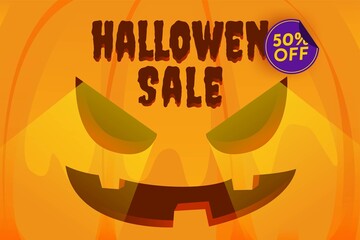 Obraz premium Halloween Pumpkin sale 50 percent off discount concept. Banner and background vector illustration
