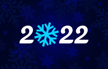 Fototapeta na wymiar New Year banner with the inscription 2022. Flyers with numbers. White lettering with a snowflake. Web banner for Christmas. Dark blue snow background.