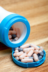 Top view photo of pills, capsules and medicines. Overuse medicine concept.