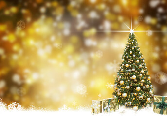 Golden Christmas tree balls , abstract background snow