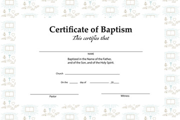 Certificate of baptism template, with Christian religion sign and symbol pattern seamless.
