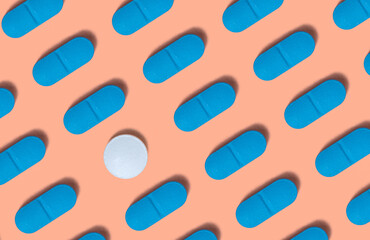 Top view photo of pills and medicines represents right or true diagnosis. Different and unique concept.