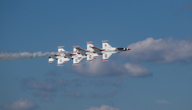 SANFORD, FL &ndash; OCTOBER 16.   Thunderbirds perform at the Sanford International Airport during the 2021 Orlando Air & Space Show on October 16, 2021 at Sanford, Florida.
