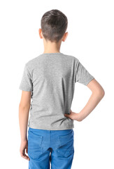 Little boy in stylish t-shirt on white background, back view