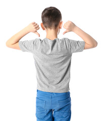 Little boy in stylish t-shirt on white background, back view