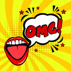 Fototapeta premium OMG comic style message in red speech bubble. Colored pop art style sound effect. Halftone vector illustration banner. Vintage comics book poster. Colored funny cloud font