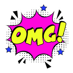 OMG comic style message in red speech bubble.  Colored pop art style sound effect. Halftone vector illustration banner. Vintage comics book poster. Colored funny cloud font