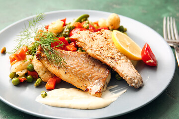 Plate with tasty baked cod fillet, vegetables and sauce on color background, closeup