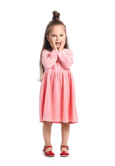 Surprised little girl in pink dress on white background