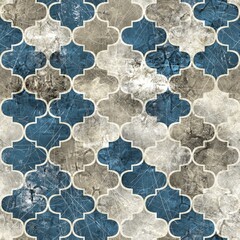 Seamless Moroccan Tile Mosaic Grungy Pattern for Surface Print. High quality illustration. Ornate distressed tribal bohemian geometry swatch in perfect repeat. Geometric textile design. - 463943957