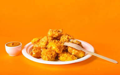 Plate with tasty fried popcorn chicken and sauce on orange background