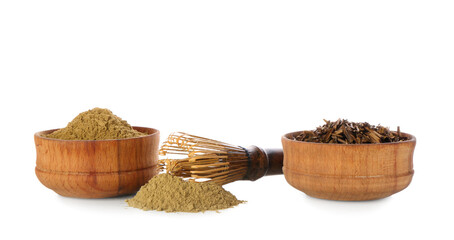 Bowls with Hojicha green tea and chasen on white background