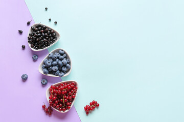 Bowls with different ripe berries on color background