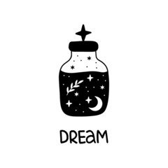 Bottle silhouette with magic elixir or poison. Mystic jar vector illustration. Esoteric alchemy design element. Witch brew poster with moon, stars. Hand drawn witchcraft symbol isolated on white.