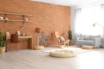 Comfortable living room interior with modern bicycle