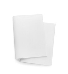 Blank magazines on white background, top view