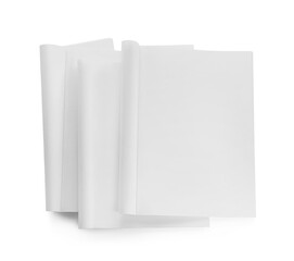 Blank magazines on white background, top view