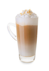 Glass cup of tasty latte with nuts on white background