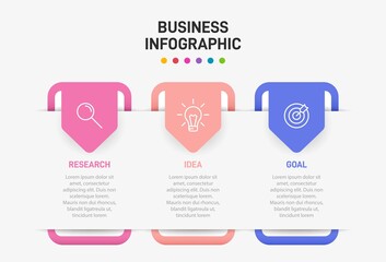 Concept of arrow business model with 3 successive steps. Three colorful graphic elements. Timeline design for brochure, presentation. Infographic design layout.