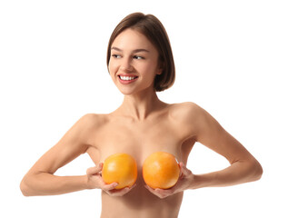 Naked young woman with grapefruits on white background. Vegan Day