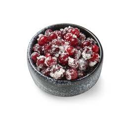 Bowl with tasty sugared cranberries on white background