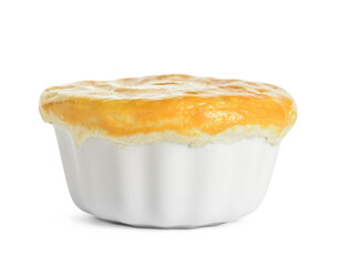 Tasty vegetable pot pie on white background