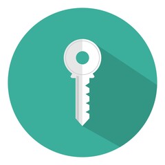 Key icon with long shadow. Flat design style. Round icon. Key silhouette. Modern flat icon in stylish colors. Web site page and mobile app design element.