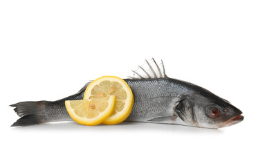 Fresh uncooked sea bass fish with lemon on white background