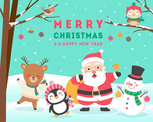 Cute cartoon animals and santa claus for christmas and new year card design.