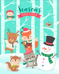Cute cartoon animals and snowman illustration with tree background for christmas celebration.