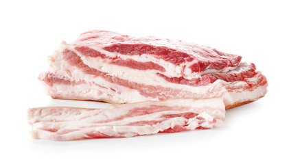 Uncooked bacon on white background