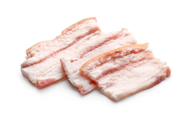 Slices of uncooked bacon on white background