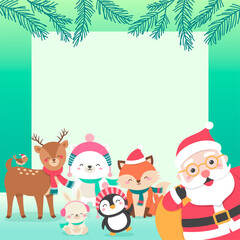 Cute cartoon character animals illustration with copy space for Christmas and new year card template.