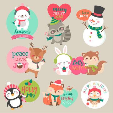Set of cute cartoon Christmas characters for sticker, badges, card, tag design.
