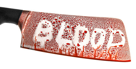 Bloodstained cleaver on white background