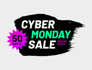 Cyber Monday grunge texture sale banner, 50 percent off. Special offer price background, advertisement of sales rebates vector illustration