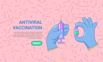 Antiviral vaccination web page, vaccine bottle and syringe. Immunization campaign. Medical treatment, healthcare, immunity protection landing page, banner vector illustration