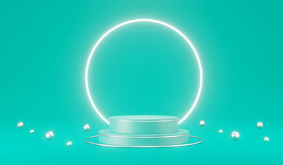3D Rendering concept of rmint green color product stand podium display with rainbow clouds hot air balloons and stars on background for commercial design. 3D Render. 3D illustration.