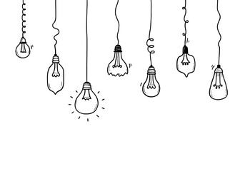 Light bulb set. Doodle hand drawn sketch style lamp. Concept of business idea, electric lamp, energy. Lightbulb with line curve. Pencil draw style vector illustration..