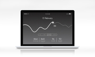 Graphic illustration of laptop screen showing monthly data usage sumary isolated on white