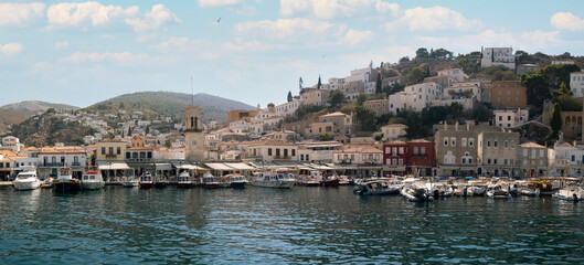  view from the sea to the Hydra marina sea port, Greece