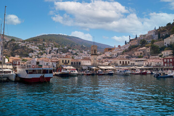  view from the sea to the Hydra marina sea port, Greece