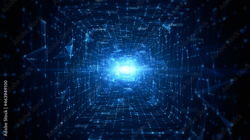 Poster Tunnel Sci-Fi Digital Cyberspace, Digital Data Network and Blockchain Connections. Technology Digital Data Background Concept. 3d rendering