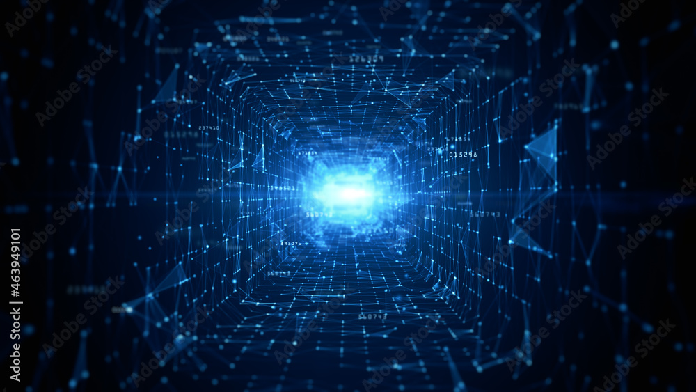 Poster Tunnel Sci-Fi Digital Cyberspace, Digital Data Network and Blockchain Connections. Technology Digital Data Background Concept. 3d rendering