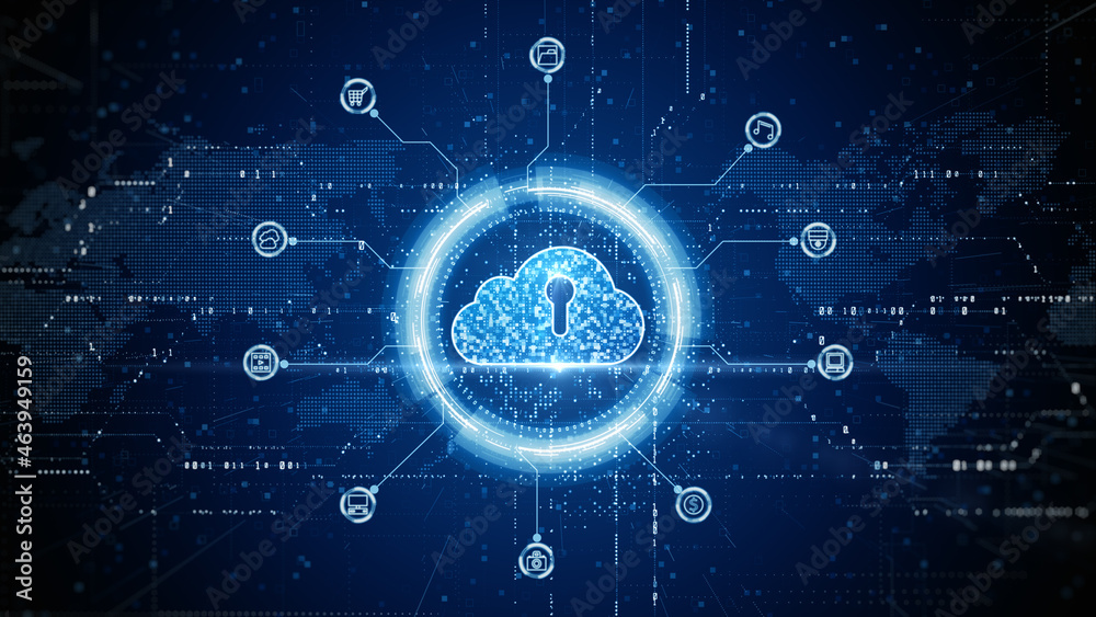 Poster cloud computing of cyber security digital data, digital data network protection, global network conn