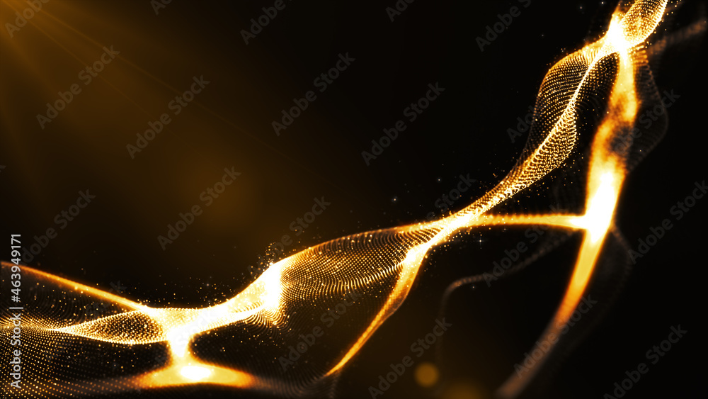 Poster gold particles spark wave flow background. flicker particle on black background. digital abstract ba